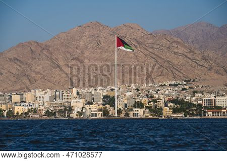 Aqaba Flagpole With The Great Flag Of The Arab Revolt Or Flag Of The Hejaz