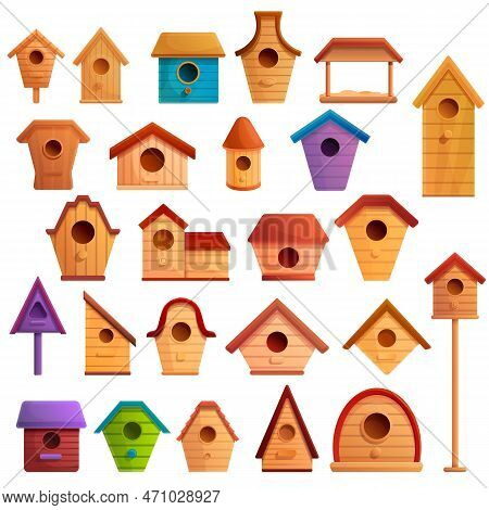 Bird House Icons Set. Cartoon Set Of Bird House Icons For Web Design