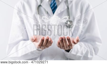 Doctor In A White Coat Holding Virtual Uterus Reproductive System , Woman Health, Pcos, Ovary Gyneco