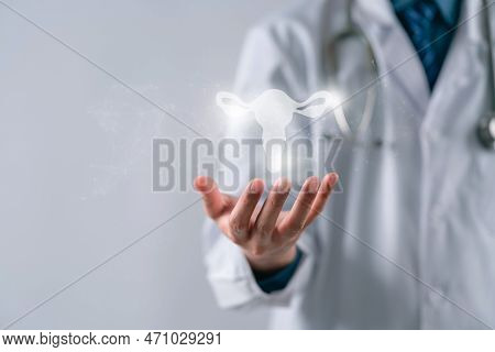 Doctor In A White Coat Holding Virtual Uterus Reproductive System , Woman Health, Pcos, Ovary Gyneco