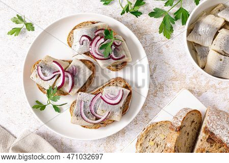 Herring Sandwich. Toast With Bread, Herring And Onion. Top View
