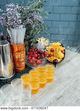 Glasses Of Cocktails On The Bar. Glasses Of Sparkling Wine With Red Alcohol. Preraring Aperol Spritz