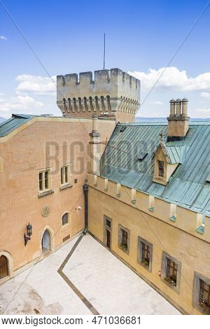 Bojnice, Slovakia - August 02, 2022: Tower And Roof Of The Historic Castle In Bojnice, Slovakia