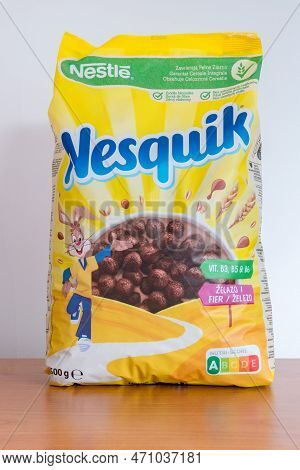 Pruszcz Gdanski, Poland - October 14, 2022: Nestle Nesquik Cocoa Puffs Cereal For Breakfast.