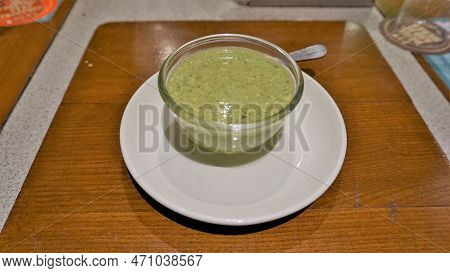 Pudina Dahi Chutney Or Mint Yoghurt Dip Kept In Glass Bown Ready For Serving With Tikka And Barbecue