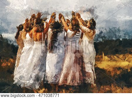 Women In Flower Wreath On Sunny Meadow, Floral Crown, Symbol Of Summer Solstice. Painting Effect.