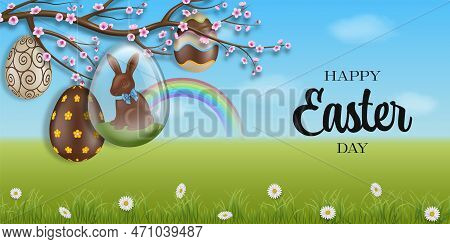 Easter Banner With Chocolate Eggs And Chocolate Rabbit In A Glass Egg. Easter Banner With Chocolate 