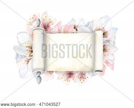 Happy Passover Greeting Template With Haggadah Scroll, Spring Pink Flowersfloral Border Frame. Chag 