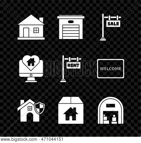 Set House, Garage, Hanging Sign With Text Sale, Shield, Cardboard Box House, Warehouse, Monitor Hear