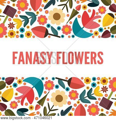 Mystical Fantasy Flowers, Horizontal Baner. Daisy, Tulip, Cornflower, Wild Flowers. Flat Colored Car