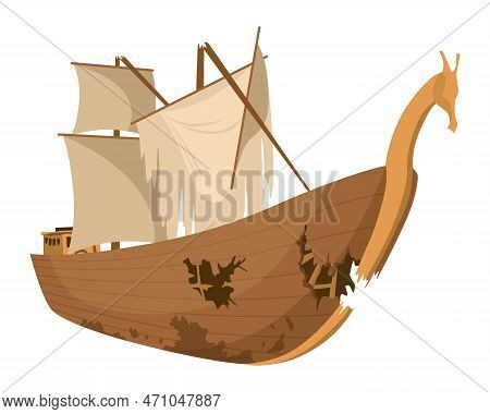 Broken Ship Icon. Cartoon Wooden Battered Ship With Tattered Flag And Sails After Wreck Or Attack. D