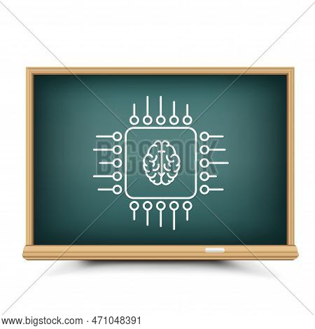 Blackboard Chalk Draw Computer Chip And Brain