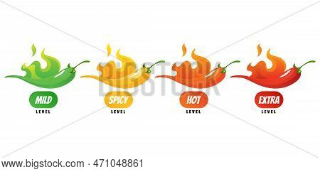 Level. Hot Chili Pepper Icons Set With Flame And Color Rating Of Mild, Medium Hot And Extra Hot. Lev