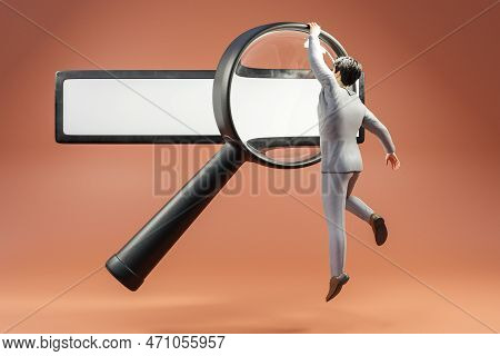 Floating Search Box Businessman Hanging On Large Magnifying Glass Concept For Websearch Seo Search E