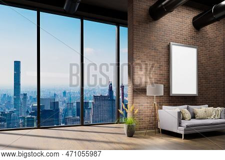 Large Urban Skyline Loft Office With Red Brickstone Wall And White Canvas Mock Up; Cozy Vintage Inte