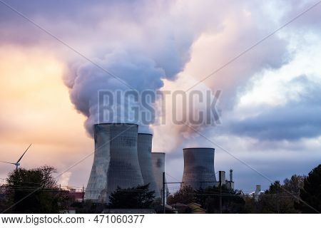 Nuclear Power Plant Near Cruas, France, Europe. Colorful Sunrise Sky. Fall Season