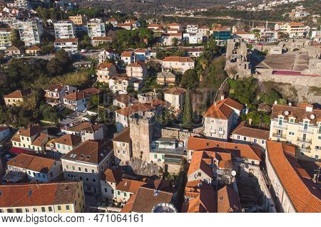 Herceg Novi Town And Kotor Bay, Aerial Drone View Of Herzeg Novi Panorama, Montenegro, With Old Town