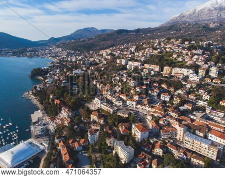 Herceg Novi Town And Kotor Bay, Aerial Drone View Of Herzeg Novi Panorama, Montenegro, With Old Town
