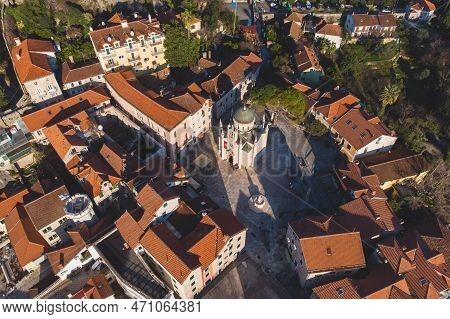 Herceg Novi Town And Kotor Bay, Aerial Drone View Of Herzeg Novi Panorama, Montenegro, With Old Town