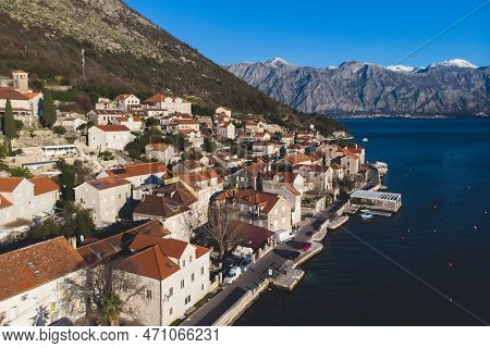 Perast, Montenegro, Beautiful Aerial Top Panoramic View Of Perast Old Town With St. Nikola Church, W