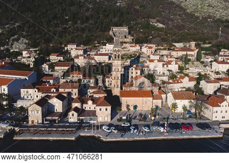 Perast, Montenegro, Beautiful Aerial Top Panoramic View Of Perast Old Town With St. Nikola Church, W