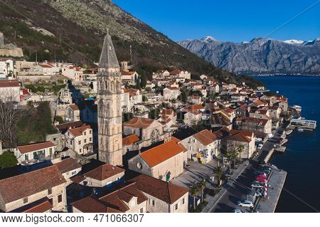 Perast, Montenegro, Beautiful Aerial Top Panoramic View Of Perast Old Town With St. Nikola Church, W
