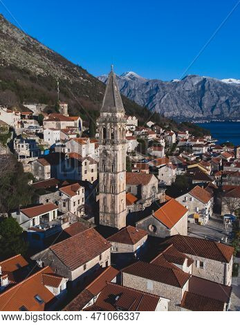 Perast, Montenegro, Beautiful Aerial Top Panoramic View Of Perast Old Town With St. Nikola Church, W