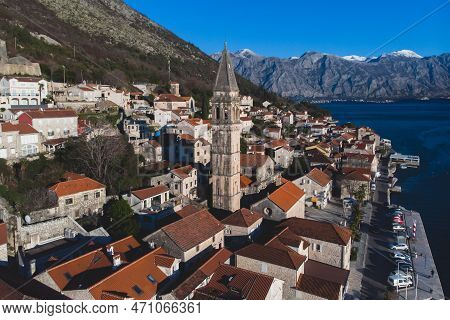 Perast, Montenegro, Beautiful Aerial Top Panoramic View Of Perast Old Town With St. Nikola Church, W