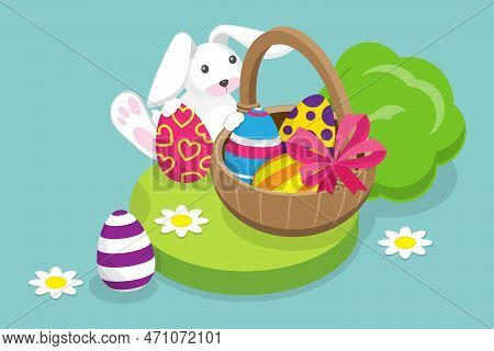 3d Isometric Flat Vector Conceptual Illustration Of Easter Poster, Holiay Eggs And Bunny