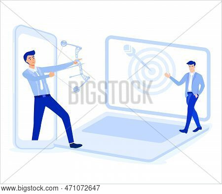 Remarketing Or Behavioral Retargeting In Digital Advertising, Businessman From Mobile App Aiming Tar