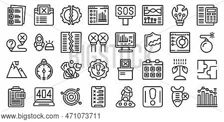 Failed Startup Icons Set Outline Vector. Broken Crash. Rocket Down