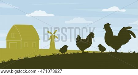 Chicken On Farm Banner. Agriculture And Rural Landscape, Village With Animals. Flora And Fauna, Wild