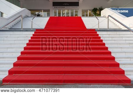 Cannes, France - February 1, 2016: Empty Red Carpet At Famous Festival Hall Louis Lumiere Cannes Fes