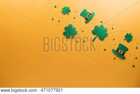 Happy St Patrick's Day Decoration Concept Made From Shamrocks ( Clover Leaf), Wooden Calendar And Le