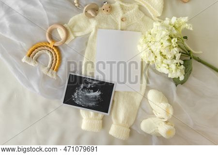 Mockup Of Social Media Baby Announcement. Pregnancy Announcement Background With Blurred . Selective
