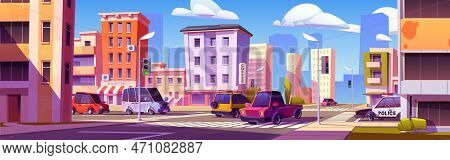 Cartoon City Street Intersection With Many Cars. Vector Illustration Of Traffic Jam On Urban Road, V
