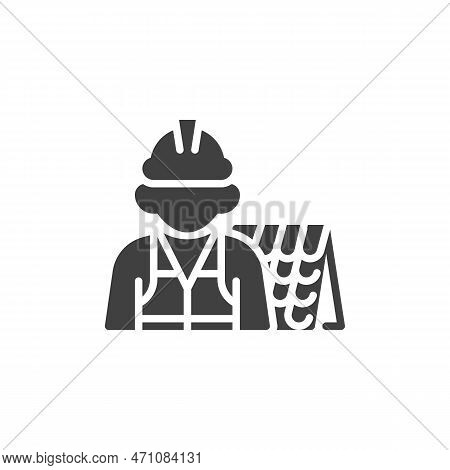 Roof Repair Service Vector Icon. Construction Worker And Roof Filled Flat Sign For Mobile Concept An