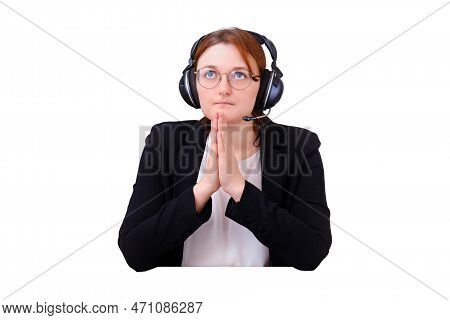 A Woman Prays To God At A Computer During Isolation Due To A Coronavirus, Isolated On A White Backgr