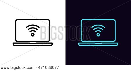 Outline Laptop Icon, With Editable Stroke. Laptop Screen Frame With Wifi Sign, Internet Connection P