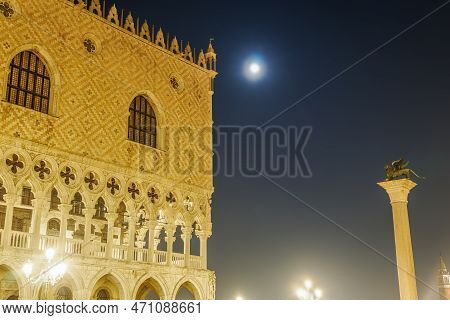 Venice Italy Night View Of Illuminated Palazzo Ducale Landmark, 1340 Doges Palace Built In Venetian 