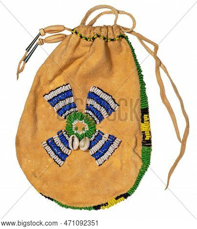 Bag Of The North American Indians. Made From Deerskin Embroidered With Colorful Glass Beads And Leat