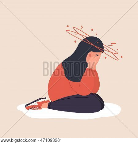 Iron Deficiency Anemia. Sad Arabic Woman With Headache Sitting On Floor. Unhappy Girl Suffers From V