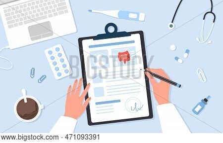 Colonoscopy Concept. Proctologist Writing Results Of Examine Intestine. Top View Doctor Workplace Wi