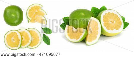 Citrus Sweetie Or Pomelit, Oroblanco With Leaf Isolated On White Background With Copy Space For Your