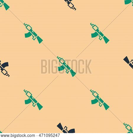 Green And Black Submachine Gun Icon Isolated Seamless Pattern On Beige Background. Kalashnikov Or Ak