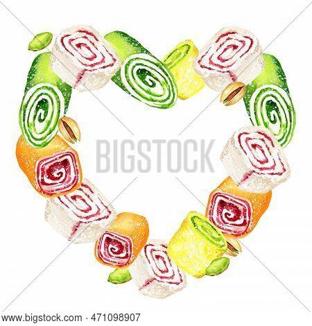 Watercolor Heart-shaped Frame Of Oriental Sweets, Multicolored Rahat Lukum, Oriental Sweets, Illustr