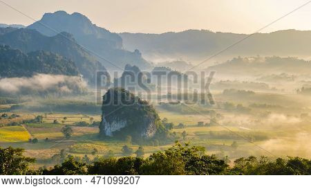 Sunrise With Fog At Phu Langka In Northern Thailand, Mountain View Of Phu Langka National Park