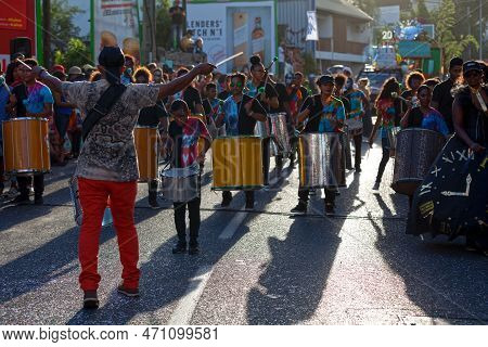 Saint-gilles Les Bains, La Réunion - June 25 2017: Percussionist Group Led By A Conductor During The