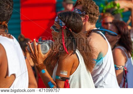 Saint-gilles Les Bains, La Réunion - June 25 2017: Musician Playing With A Couple Of Ganzá During Th