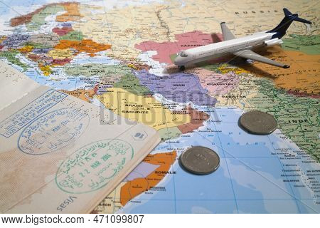 Dubai, Uae - February 19 2018: Composition Made Of A World Map Focused On Middle East With On It, So